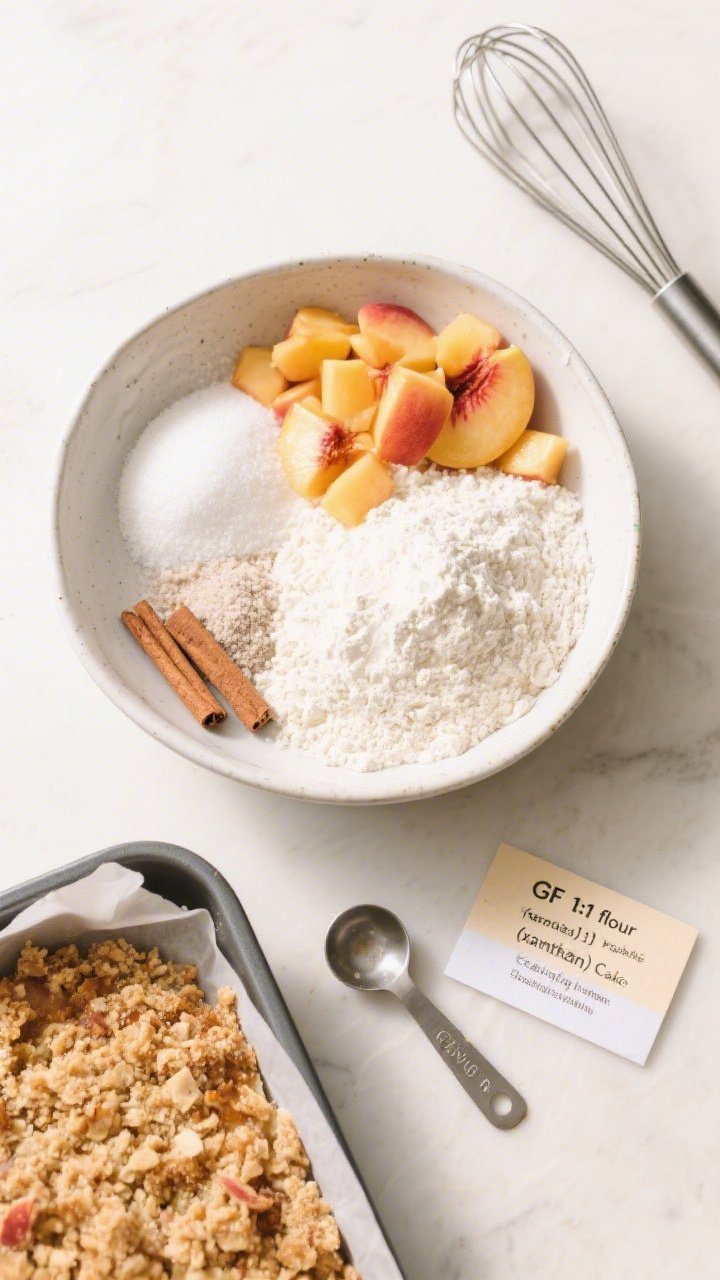 Ingredient-forward prep shot for the Gluten-Free Peach Cobbler Celebration Cake: overhead composition of gluten-free 1:1 baking flour (with xanthan gum) in a bowl, baking powder, baking soda, fine sea salt, granulated sugar, diced peaches, and cinnamon ready for crumble; a separate pan with parchment for gluten-free layers. Include a small label card reading “GF 1:1 flour (xanthan)” and a whisk and measuring spoons. Neutral backdrop, bright soft light, crisp textures to emphasize gluten-free clarity and celebratory freshness.
