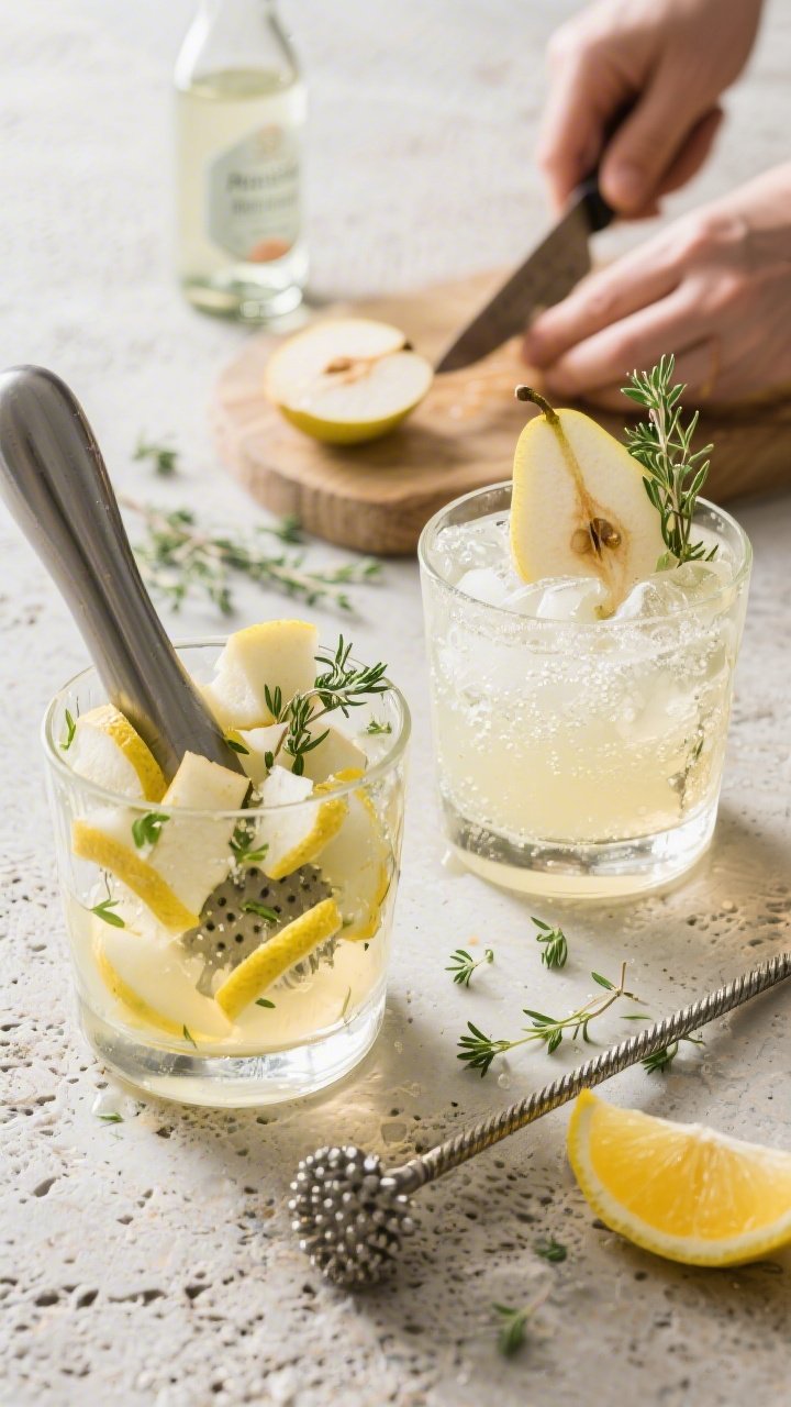 Ingredient-prep to final-glass sequence for a Pear-Thyme Prosecco Smash at 45 degrees: front focus on a muddling glass with diced ripe pear and thyme leaves visibly bruised, lemon juice and simple syrup pooling; next to it, the finished smash in a short rocks glass over crushed ice with sparkling Prosecco, optional hint of gin noted in a small bottle; garnished with a thyme sprig and pear fan; scattered thyme leaves, citrus wedge, and bar muddler on a textured stone surface; bright, fresh, highly refreshing feel.