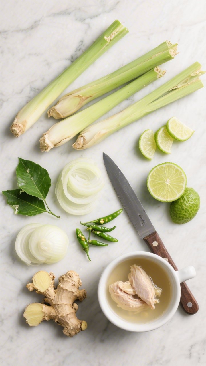 Ingredients flat lay for Vietnamese Lemongrass & Lime Leaf Hot Pot on a light stone surface: 3 smashed lemongrass stalks, 6 torn kaffir lime leaves, sliced small onion, thin coins of galangal/ginger, bird’s eye chilies, lime wedges, and a small pot of clear chicken/seafood stock; bright green and citrusy palette, neatly organized with a narrow chef’s knife, emphasizing fresh aromatics and zesty mood, high-key overhead style.