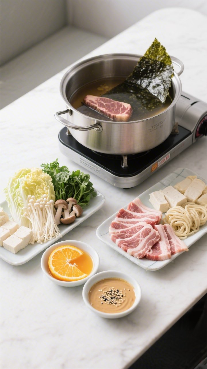 Minimalist overhead shabu-shabu setup with Citrus Ponzu and Sesame Dip: wide stainless pot of kombu-infused water (sheet of kombu visible), thin-sliced ribeye and pork fanned on separate platters, neatly arranged dippers—napa cabbage, chrysanthemum greens, enoki mushrooms, tofu, and udon; two sauce dishes—bright ponzu with citrus slices and creamy sesame dip; clean, elegant, ready-to-dip composition.