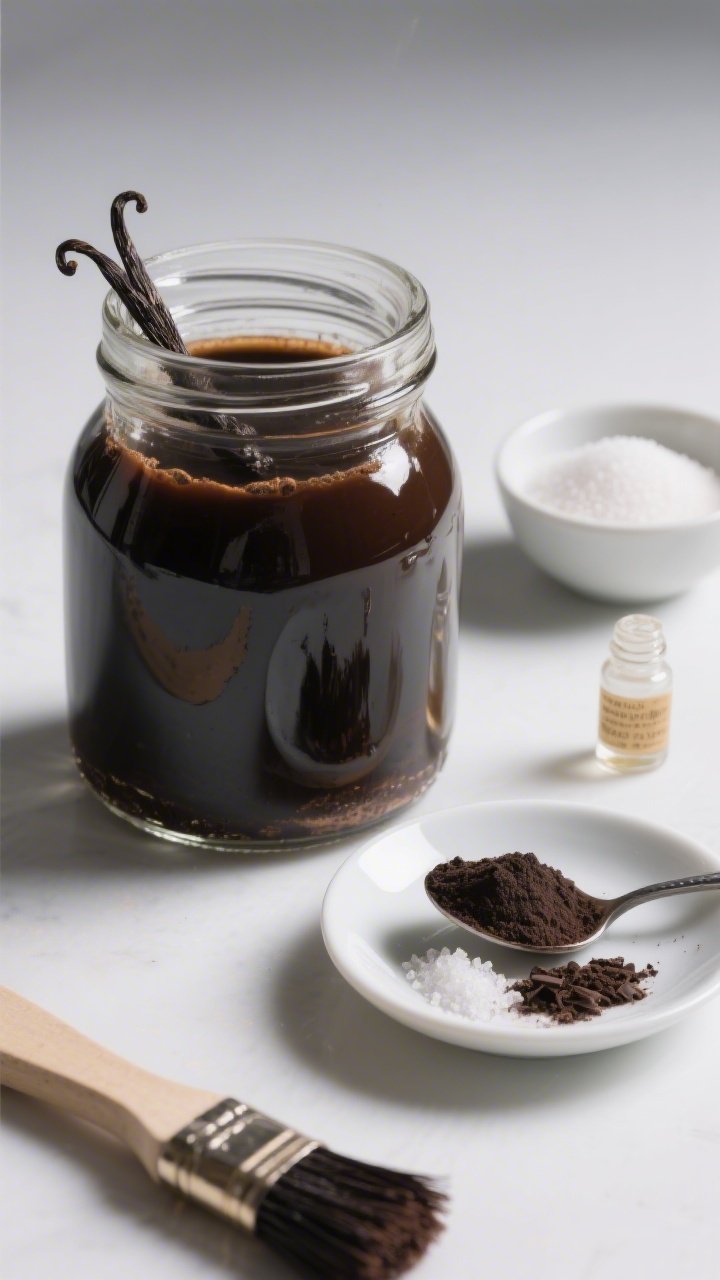 Minimalist, straight-on macro shot of a glass jar filled with glossy vanilla–black cocoa soaking syrup, deep brown and slightly viscous, light glinting off the surface. Next to it: a small bowl of granulated sugar, a teaspoon of black cocoa powder, a dish of fine sea salt, and a tiny vial of pure vanilla extract. A pastry brush rests on a saucer, bristles stained dark, suggesting it’s ready to paint plush cake layers; clean, modern styling with high contrast.