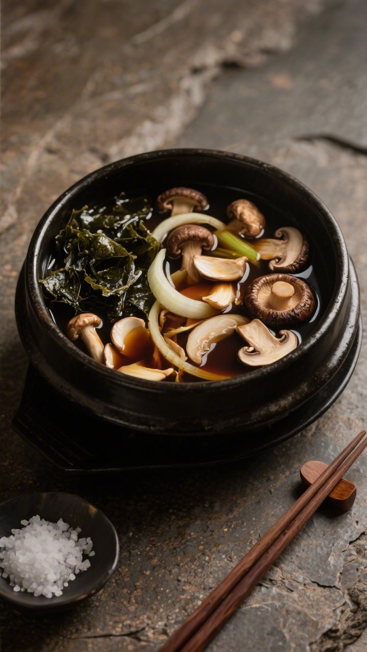 Moody overhead mushroom umami bomb hot pot (vegan): dark kombu-dashi base with rehydrated dried shiitakes and a mix of fresh shiitake, oyster, and cremini slices; onion slivers and smashed garlic cloves visible; soy sauce and a splash of mirin pooled into a deep brown sheen; earthy palette, textured stone background, chopsticks and a small dish of flaky salt for styling, emphasizing deep umami.