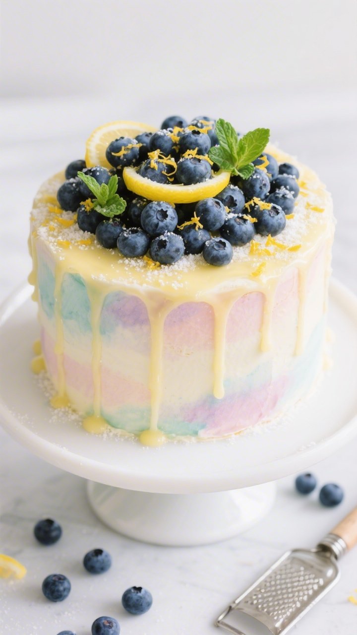 Overhead final presentation of the showstopper finish: a fully frosted pastel watercolor cake crowned with 2–3 cups of fresh, well-dried blueberries piled high, kissed with very fine lemon zest, tiny mint leaves or micro herbs for a pop of color, and a delicate lemon glaze drizzle made from sifted powdered sugar and fresh lemon juice cascading down a few soft drips. Styled on a white cake stand with scattered blueberries and a zester nearby; bright, luminous tones; irresistible, polished bakery look.