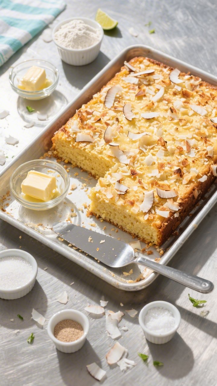 Overhead flat-lay of a Beach-Party sheet cake fresh from the pan: golden, even crumb with a crackly toasted coconut crunch blanket on top. Corners slightly caramelized, melted-and-cooled butter in a small glass bowl nearby, along with measured ramekins of all-purpose flour, granulated sugar, baking powder, baking soda, and salt. A metal spatula rests on the tray; scattered coconut shavings and lime zest hint at tropical flair. Shot on a sun-washed stainless surface for a casual party vibe, crisp shadows, high clarity.