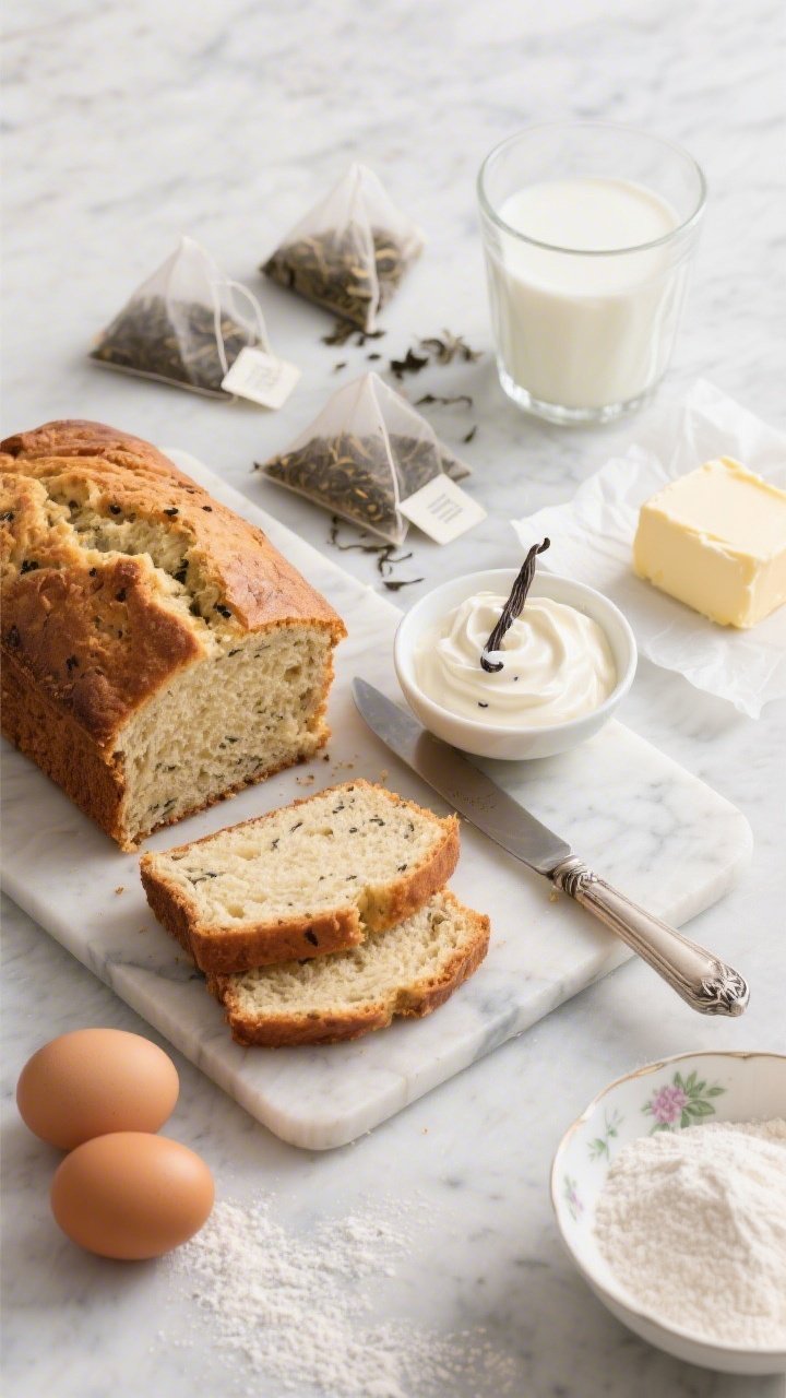 Overhead flat lay of a Classic Earl Grey loaf just sliced on a pale marble slab, tender crumb flecked with fine Earl Grey tea, accompanied by a small bowl of silky vanilla bean cream with visible vanilla specks for swooshing onto slices; include key ingredients styled around: 3 Earl Grey tea bags (opened with loose leaves spilling), a glass of 1/2 cup whole milk, softened unsalted butter on parchment, a small bowl of granulated sugar, two room-temperature eggs, and all-purpose flour dusting; soft morning light, refined vintage tea party mood with delicate china teacup and a silver butter knife, cool-gray and cream color palette, no people, professional appetizing styling.
