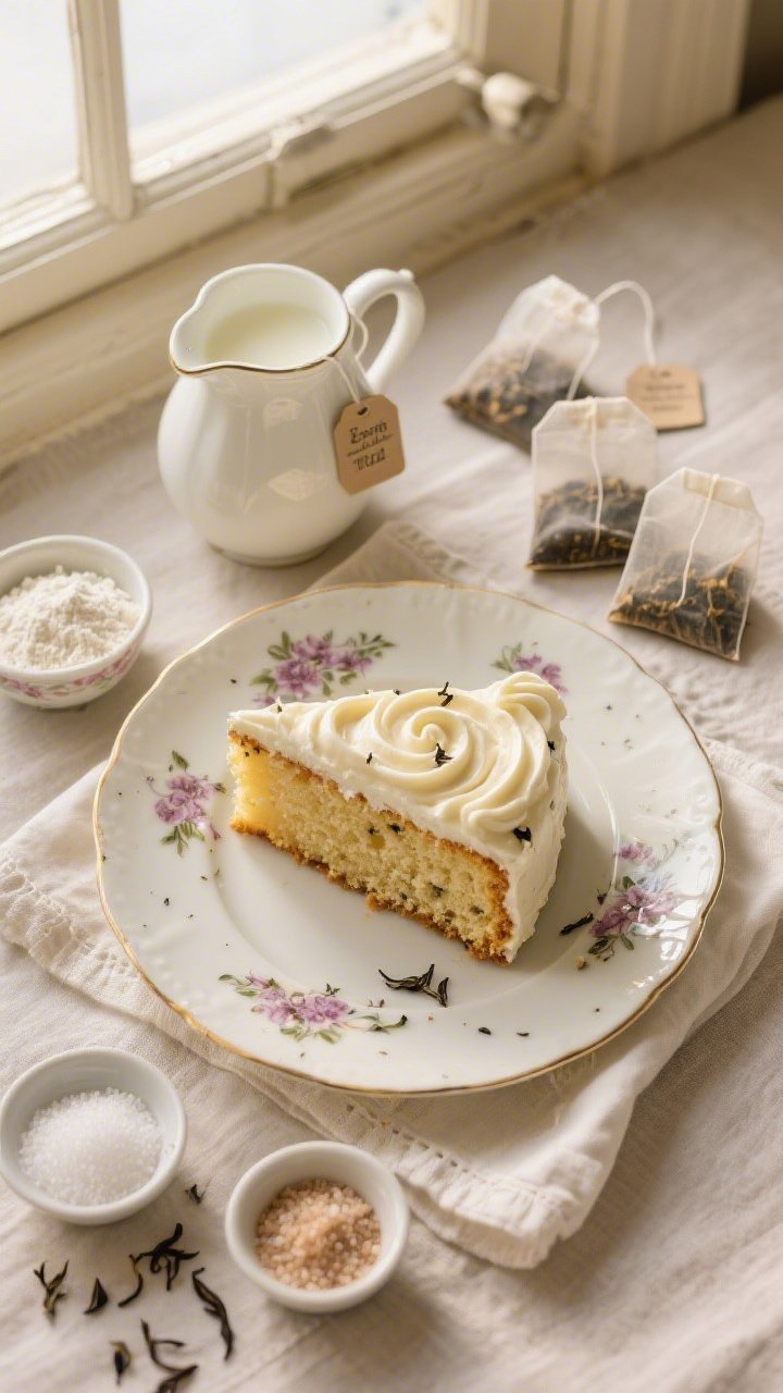 Overhead flat lay of a Classic Earl Grey tea cake slice on fine vintage china, flecked with tea leaves, topped with silky vanilla bean cream swirls; warm, neutral palette with pale ivory cream, golden-crumb interior, and subtle Earl Grey speckles. Surround with key ingredients: warmed whole milk in a small jug, three Earl Grey tea bags with tags, cake flour dusting, a small bowl of granulated sugar, and tiny bowls of baking powder, baking soda, and fine sea salt. Soft window light, linen napkin, refined vintage tea party mood.