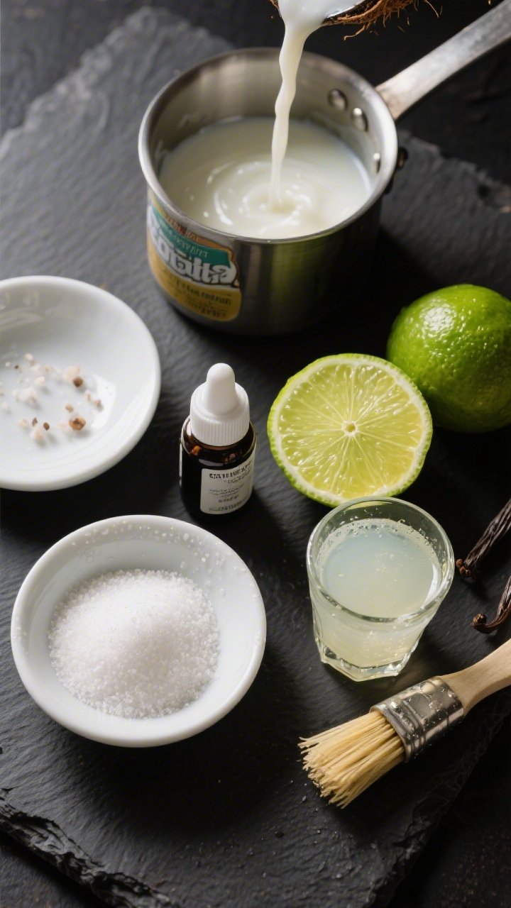 Overhead flat lay of a coconut-lime soak and simple syrup mise en place: a small saucepan with clear syrup catching light, a can of creamy coconut milk in a pouring cup, a cut lime with visible juice, vanilla extract in a dropper bottle, granulated sugar and a pinch of salt in prep dishes, and a pastry brush ready for soaking. Include a small glass filled with the finished syrup, slightly opaque from coconut milk, with micro-condensation on the sides. Clean, graphic composition on a dark slate to make the white sugar, pale coconut, and bright green lime pop, editorial-style clarity.