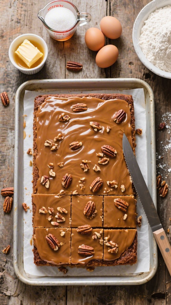 Overhead flat lay of a Maple Pecan Butter Sheet Cake on a parchment-lined sheet pan, freshly glazed with a nutty brown sugar glaze: the surface has a smooth, glassy finish with a few ripples, sprinkled with chopped pecans; ingredients arranged neatly—melted and slightly cooled unsalted butter in a heatproof cup, granulated sugar, light brown sugar, three eggs, a measuring jug of pure maple syrup, and flour; casual “crowd-pleaser” vibe on a rustic baking table, knife poised for square cuts.
