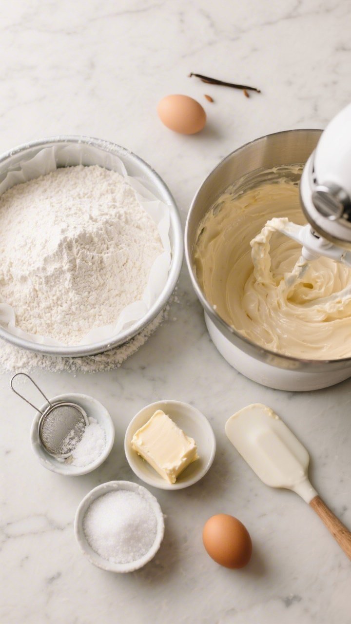 Overhead flat lay of Almond Velvet Cake batter prep: sifted cake flour in a wide metal bowl, small bowls of baking powder, baking soda, and fine sea salt, softened unsalted butter and granulated sugar creamed pale and fluffy in a stand mixer bowl, eggs and vanilla nearby, a rubber spatula showing the silky, velvety texture of the pale almond batter mid-fold; neutral marble surface, soft morning light, focus on the tender bakery-style crumb promise with a parchment-lined round cake pan dusted with flour at the edge.