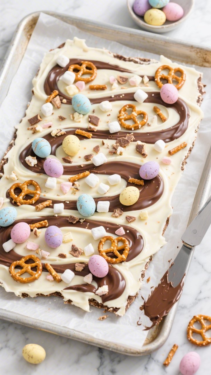 Overhead flat lay of Bunny Trail Bark being assembled on a parchment-lined sheet pan: glossy swirls of melted white chocolate with ribbons of semisweet chocolate marbled through, topped with roughly chopped pastel candy-coated chocolate eggs, mini marshmallows, and scattered broken pretzel sticks; vibrant Easter colors, high contrast, sharp focus on textures of smooth chocolate, crunchy candy shells, and salty pretzels; styled on a light marble surface with a small bowl of extra pastel eggs and a offset spatula with chocolate smears nearby.
