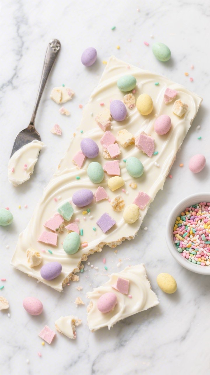 Overhead flat lay of Classic Pastel Crunch Bark set on a white marble slab: glossy white chocolate slab swirled smooth with a spatula, generously studded with roughly chopped pastel candy-coated chocolate eggs (M&M’s/Mini Eggs) and a scattered mix of pastel sprinkles in soft pink, mint, lavender, and butter yellow; broken shards placed artfully around the main slab, a small bowl of extra pastel sprinkles to the side; bright, airy spring mood, high-key lighting, crisp focus to highlight creamy chocolate sheen and crunchy candy textures.