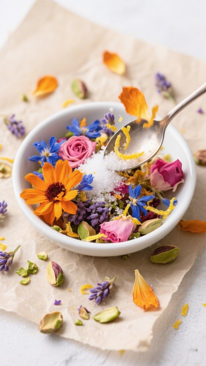 Overhead flat lay of dried edible blossom confetti being mixed: a shallow white bowl filled with vibrant petals—calendula orange, cornflower blue, rose pink, and lavender buds—tossed with a sprinkle of granulated sugar and finely grated lemon zest; optional finely chopped pistachios adding soft green flecks; a small spoon mid-toss, scattered petals and zest on a parchment-lined surface; bright, cheerful garden-party mood, colors popping against neutral background.