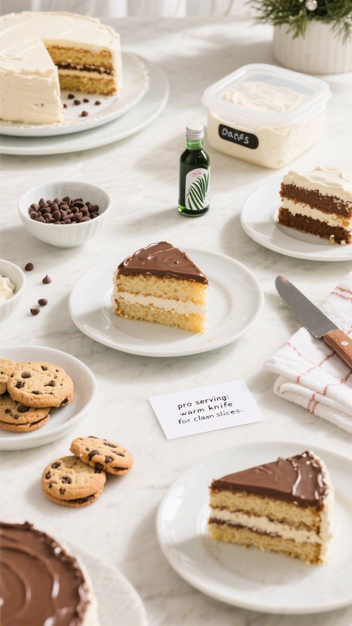 Overhead flat-lay of party-perfect variations and make-ahead components: slices of the cake on separate plates showing neat layers, bowls with optional mini chocolate chips and a small bottle labeled peppermint extract, storage containers with labeled dates for make-ahead frosting and ganache, extra halved cookies for serving; include a small card with “pro serving: warm knife for clean slices” next to a heated knife and towel; bright, inviting light, festive but minimalist styling, crisp textures and colors.