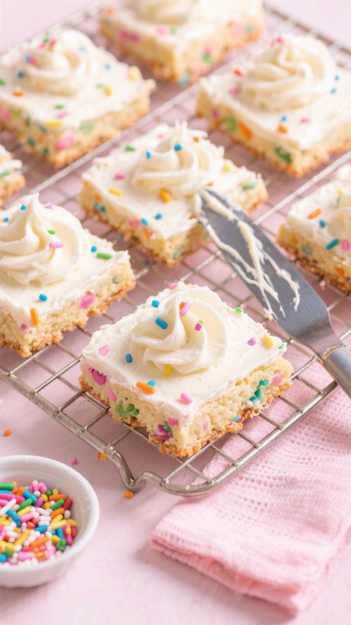 Overhead flat lay of pastel funfetti sugar cookie bars on a cooling rack, thick squares with visible rainbow sprinkles baked into the soft cookie base; topped with a billowy layer of creamy vanilla frosting swirled into peaks, finished with extra pastel confetti sprinkles; a palette knife with frosting streaks, a small dish of sprinkles, and a linen in soft pink nearby; bright, playful, bakery-fresh styling with crisp highlights.