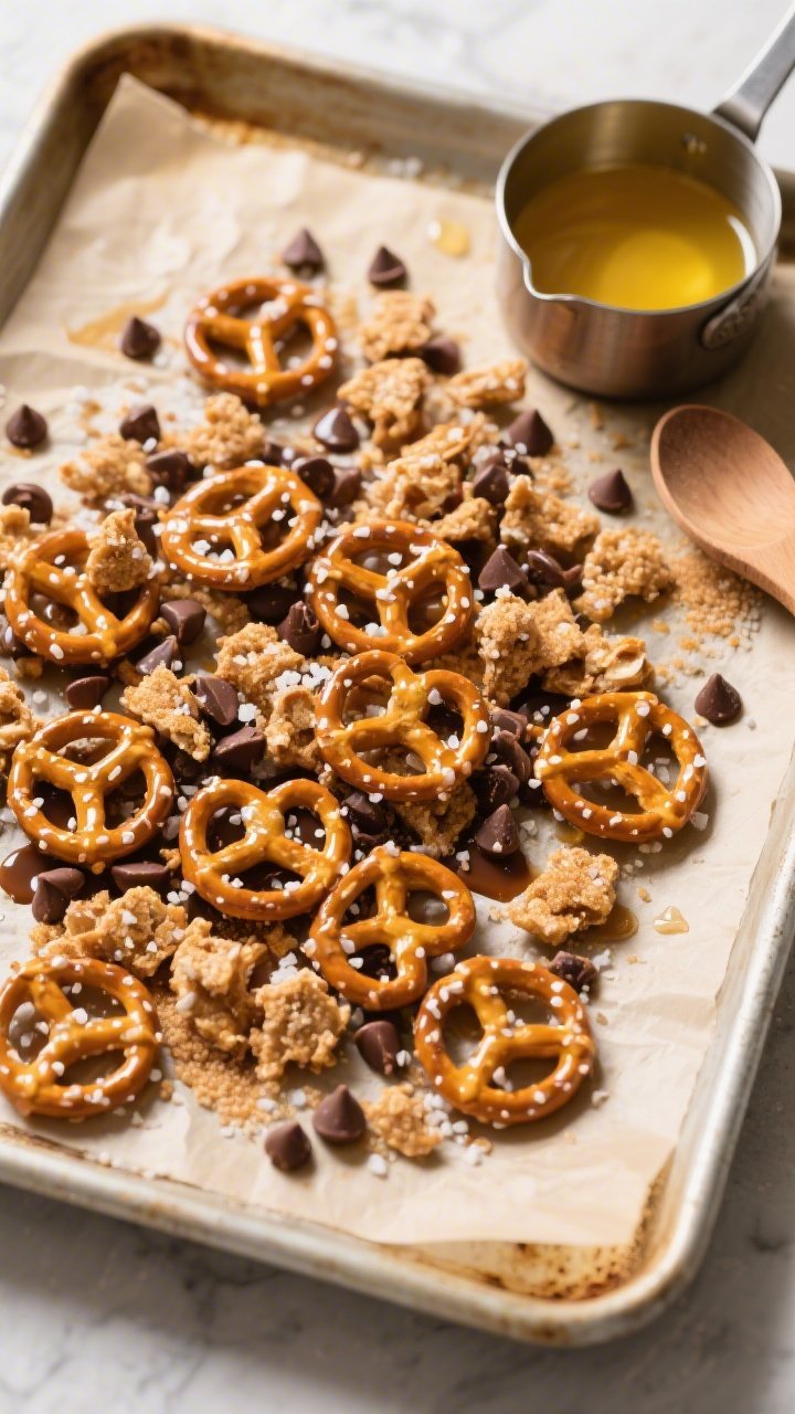 Overhead flat lay of pretzel crunch on a parchment-lined sheet pan just out of the oven: roughly crushed mini salted pretzels lacquered with a buttery sugar glaze, scattered mini chocolate bits melting into puddles, visible granulated and light brown sugar caramelization, hints of vanilla; warm, golden light to accentuate crisp texture and salt crystals, a small saucepan with melted butter and a wooden spoon off to the side; crunchy, addictive vibe with clear contrast between matte pretzels and shiny chocolate.