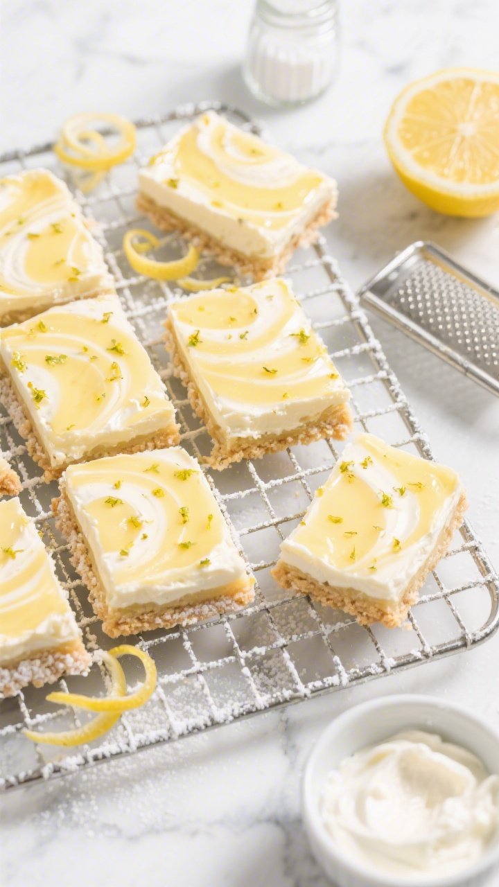 Overhead flat lay of Sunny Lemon Ricotta Bars with shortbread crust cooling on a wire rack: glossy lemon curd-swirled ricotta layer with fine zest flecks, pale golden buttery shortbread base with clean edges, a dusting of powdered sugar catching light, lemon slices, lemon zest curls, and a small bowl of ricotta nearby; props include a zester, microplane, and a jar of sugar; bright, airy spring mood on a white marble surface, crisp highlights to emphasize creamy-silky top vs crumbly crust.