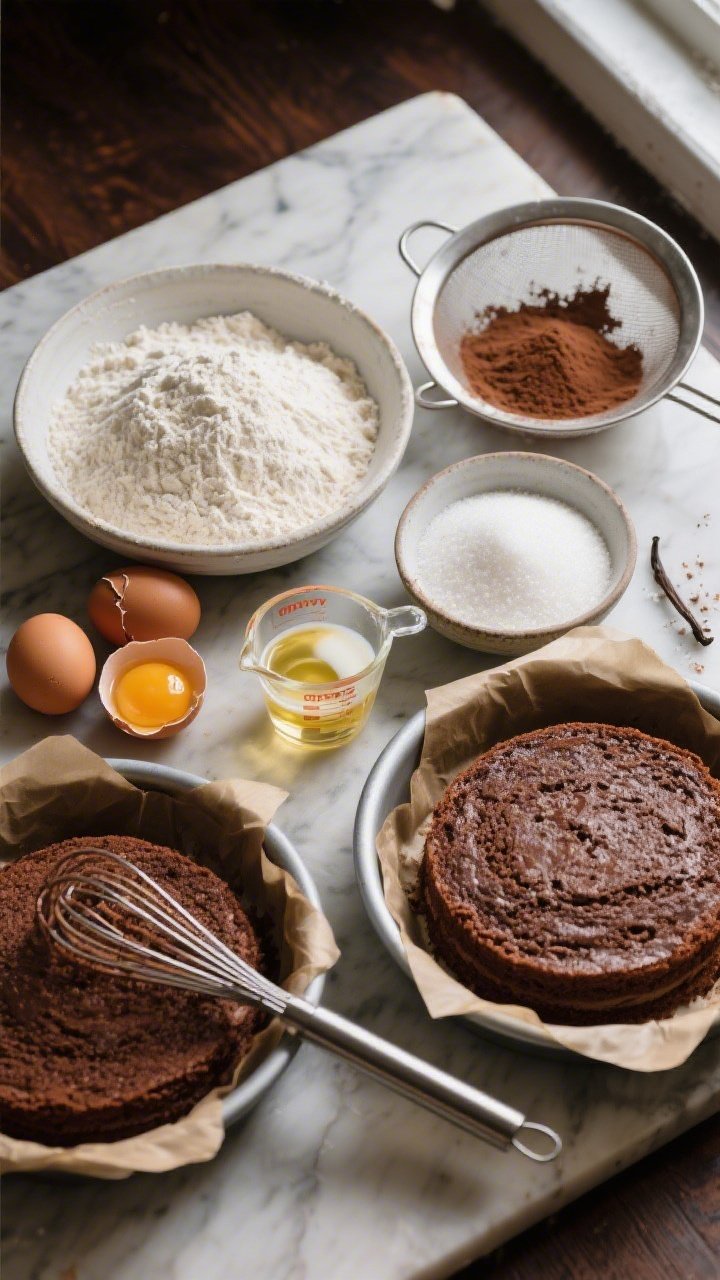 Overhead flat lay of the dry-and-wet ingredient setup for Deep Mocha Cake Layers: bowls of all-purpose flour, natural cocoa powder dusted on a marble surface, granulated sugar, baking powder, baking soda, fine sea salt; two cracked large eggs with glossy yolks, a measuring cup of oil and buttermilk, and a small bowl of vanilla. Include two 8-inch cake pans lined with parchment, a whisk coated in cocoa, and a sieve with cocoa smudges. Mood: rich, café-chocolate tones with dark wood and soft window light; focus on the velvety cocoa and the promise of ultra-soft, moist crumb.