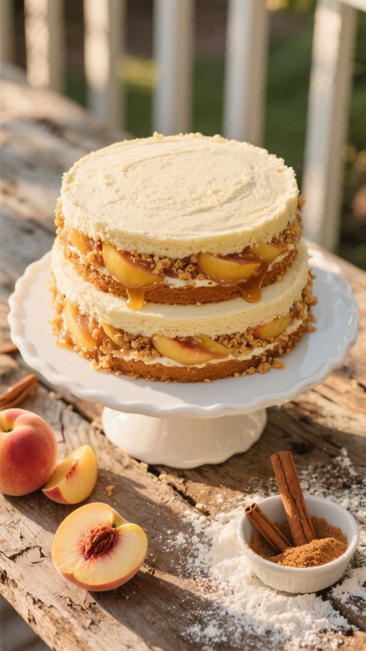 Overhead flat lay of the Front-Porch Classic Peach Cobbler Layer Cake being assembled: three 8-inch vanilla cake rounds made from cake flour, baking powder, baking soda, fine sea salt, and sugar, layered with juicy peach slices and a cinnamon-sugar crumble filling; brushed with simple syrup, hints of warm cinnamon, and a rustic Southern bakery vibe. Style on a weathered porch-wood surface with a white cake stand, peach skins, a small bowl of cinnamon, and a dusting of flour. Warm golden morning light, soft shadows, no people, professional appetizing look.