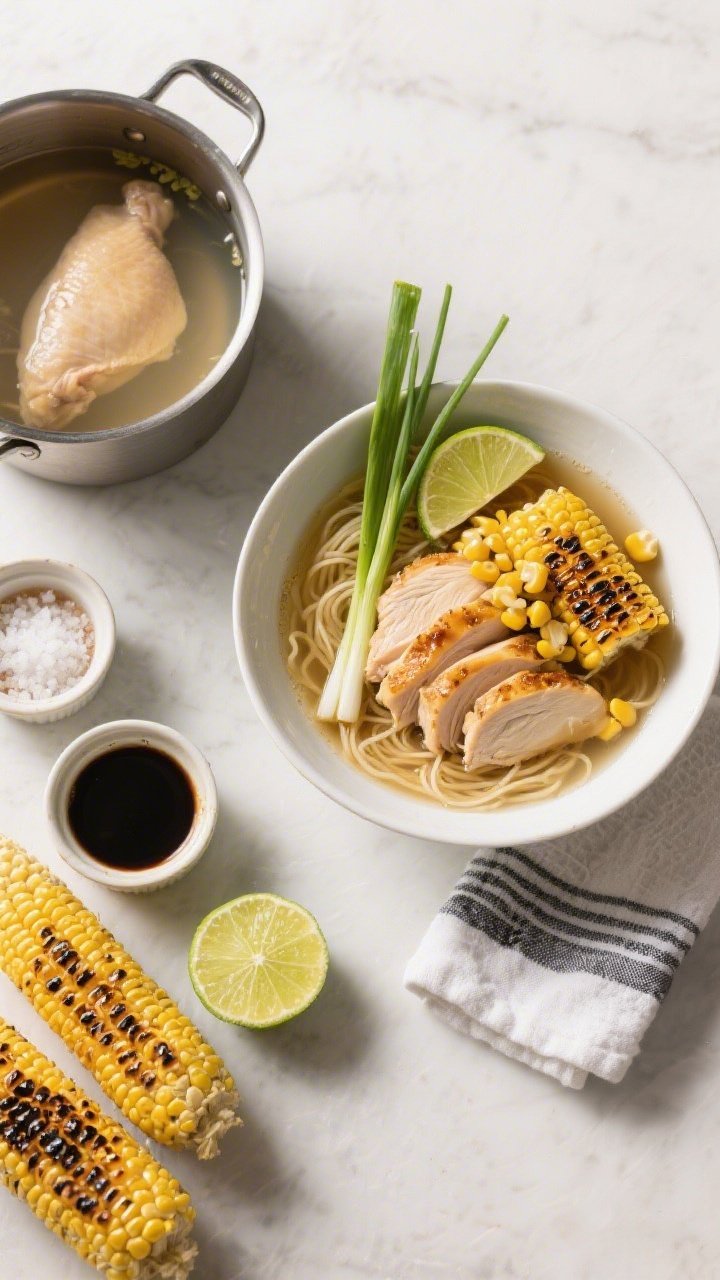 Overhead grill-to-bowl story for Smoky Chicken Shio Ramen: ingredient-to-finish composite on one surface. Left side: chicken broth and water in a small pot, fine sea salt, soy sauce, mirin, optional fish sauce in tiny ramekins, lime halves, and raw corn cobs ready to char. Right side: final bowl with clear, lightly golden shio broth, ramen noodles, slices of poached or roasted chicken, charred corn kernels scattered on top, a lime wedge, and a few scallions. Char marks, citrus brightness, and clean, minimalist styling to emphasize the saline, smoky character.