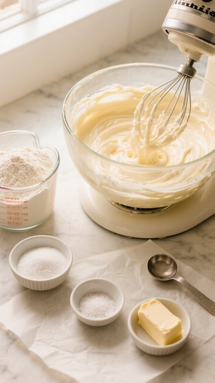 Overhead ingredient and batter prep shot for Cloud-Soft Vanilla Cake Layers: a bright, clean kitchen scene with neatly measured 2 1/2 cups all-purpose flour, 1 1/2 cups granulated sugar, baking powder, baking soda, fine sea salt in pinch bowls, and 1/2 cup room-temperature unsalted butter on a parchment-lined surface; a stand mixer bowl showing pale, aerated vanilla cake batter with visible airiness and silky sheen; warm, golden tones, soft natural window light, minimal props (metal whisk, measuring spoons), focus on the moist, cloud-soft texture promise.