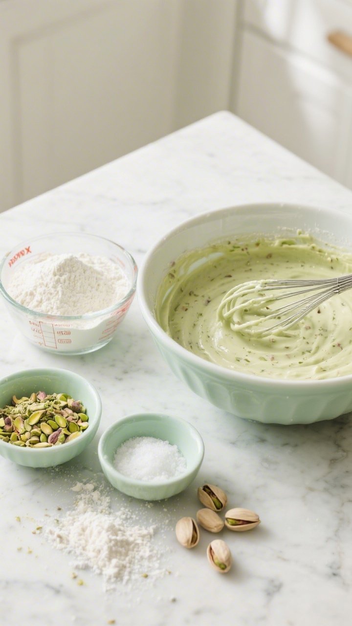 Overhead ingredient and batter prep shot for Pistachio Rose Layer Cake: a bright, airy kitchen scene with measured bowls of 1 3/4 cups all-purpose flour, 1 cup fine pistachio flour (pale green), baking powder, baking soda, and fine sea salt; a mixing bowl with pale green cake batter flecked with pistachio, a whisk streaked with batter, and empty pistachio shells; soft natural light, marble surface, a dusting of flour and crushed pistachio crumbs for texture, muted palette of pale green and ivory emphasizing the tender crumb this cake promises.
