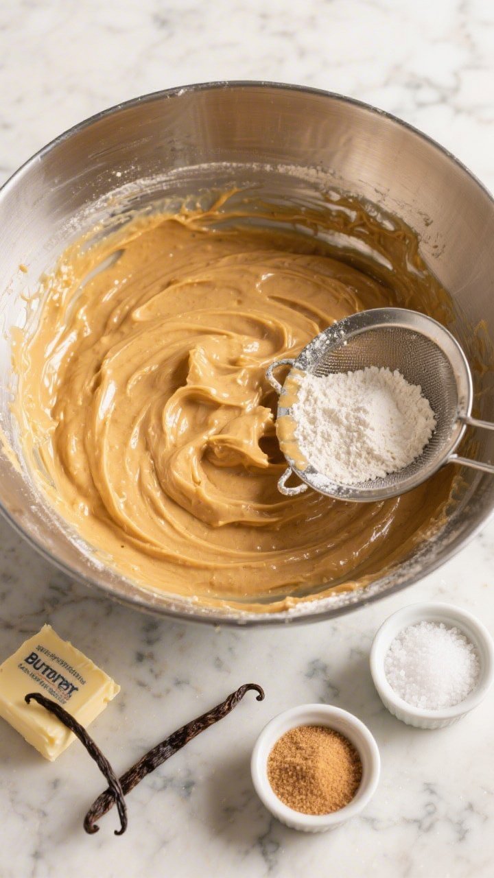 Overhead ingredient-and-mixing shot of brown butter vanilla cake batter in a large metal bowl on a cool marble surface: speckled golden brown butter foam pooling at the edges, a sieve dusting cake flour, baking powder, and baking soda into the bowl, a small dish of fine sea salt, ramekins with granulated sugar and light brown sugar, vanilla bean pods, and softened unsalted butter wrapper nearby; warm, neutral tones with soft side light highlighting the glossy, thick batter ribbons and caramel-tinted hue from the browned milk solids; no people, clean utensils, emphasis on texture and aroma of brown butter and vanilla.