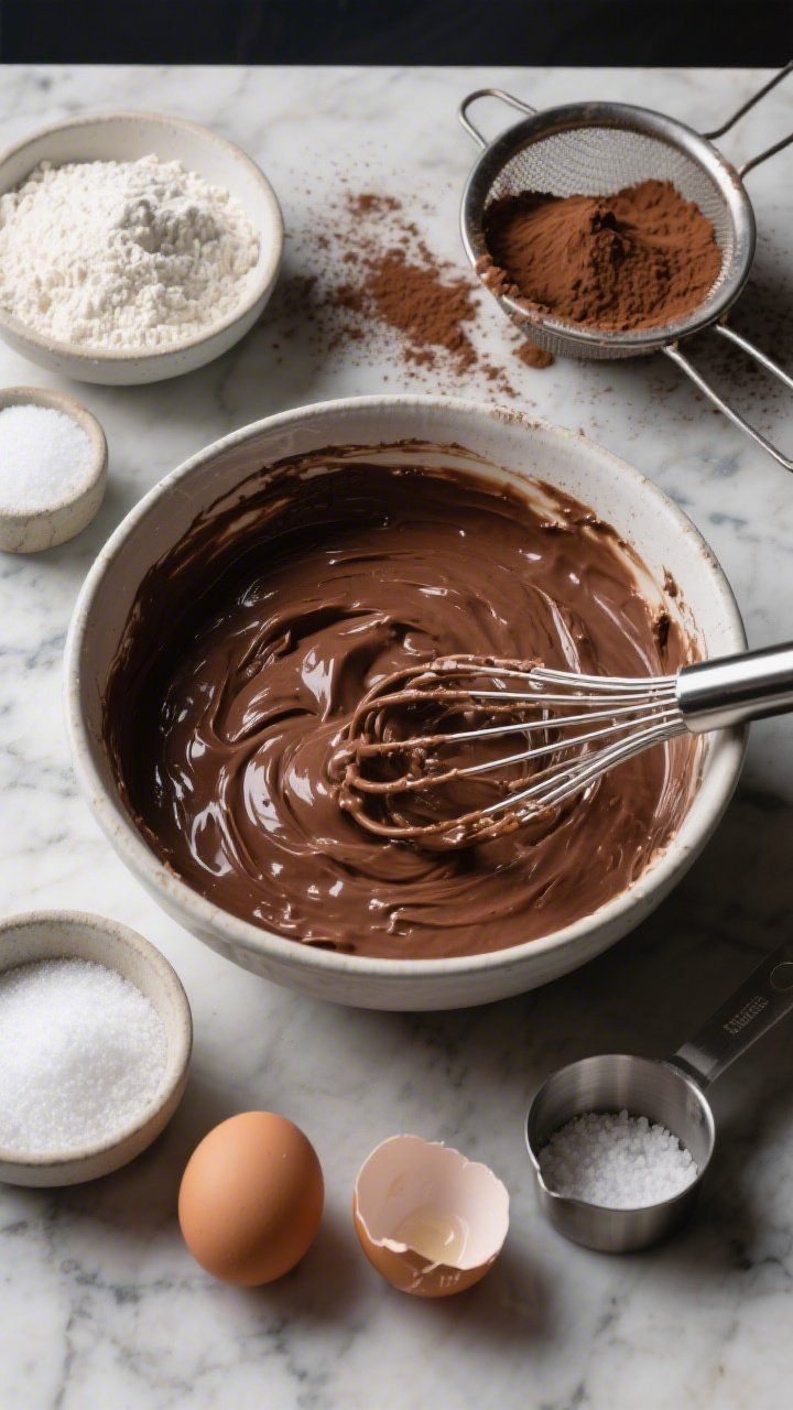 Overhead ingredient-and-mixing shot of cloud-soft chocolate cake batter in a large bowl with a glossy, deeply cocoa-brown sheen, surrounded by measured ingredients in small bowls: 2 cups all-purpose flour, 2 cups granulated sugar, Dutch-process cocoa powder dusted on a marble surface, baking soda, baking powder, fine sea salt, and two cracked room-temperature eggs; include a whisk with ribbons of batter dripping, a sifter with cocoa traces, and empty measuring cups; bright, clean light, moody dark backdrop to emphasize the rich cocoa color, professional food styling, no people.