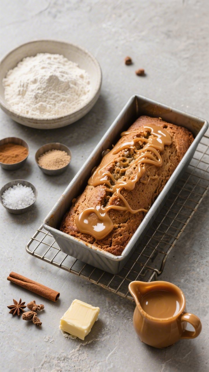 Overhead ingredient-and-prep flat lay for Heritage Loaf With Salted Caramel Glaze: mise en place on a cool stone surface—1 3/4 cups all-purpose flour, baking soda, baking powder, fine sea salt, ground cinnamon, ground ginger, sugar and butter off to the side, and a small pitcher of glossy salted caramel glaze ready to pour; a baked loaf in its tin cooled on a rack with a first drizzle of caramel pooling in ribbons; warm spice tones, minimal props, emphasizing heritage simplicity and the contrast of matte loaf crumb with shiny salted caramel.