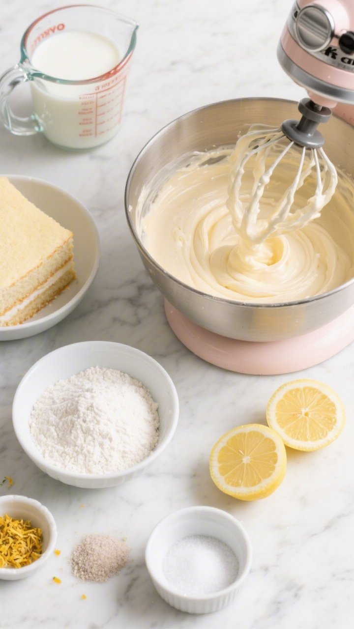 Overhead ingredient-and-process shot of “Sunshine Lemon Sponge Layers” batter prep on a bright marble surface: bowls with sifted all-purpose flour, granulated sugar, baking powder, baking soda, and fine sea salt; a measuring jug of whole milk at room temperature; lemon halves and zest to hint brightness; a stand mixer bowl with pale, airy batter ribboning off the whisk, showing a light, velvety texture that promises softness for days. Clean, pastel props, soft daylight, no people, professional food styling.