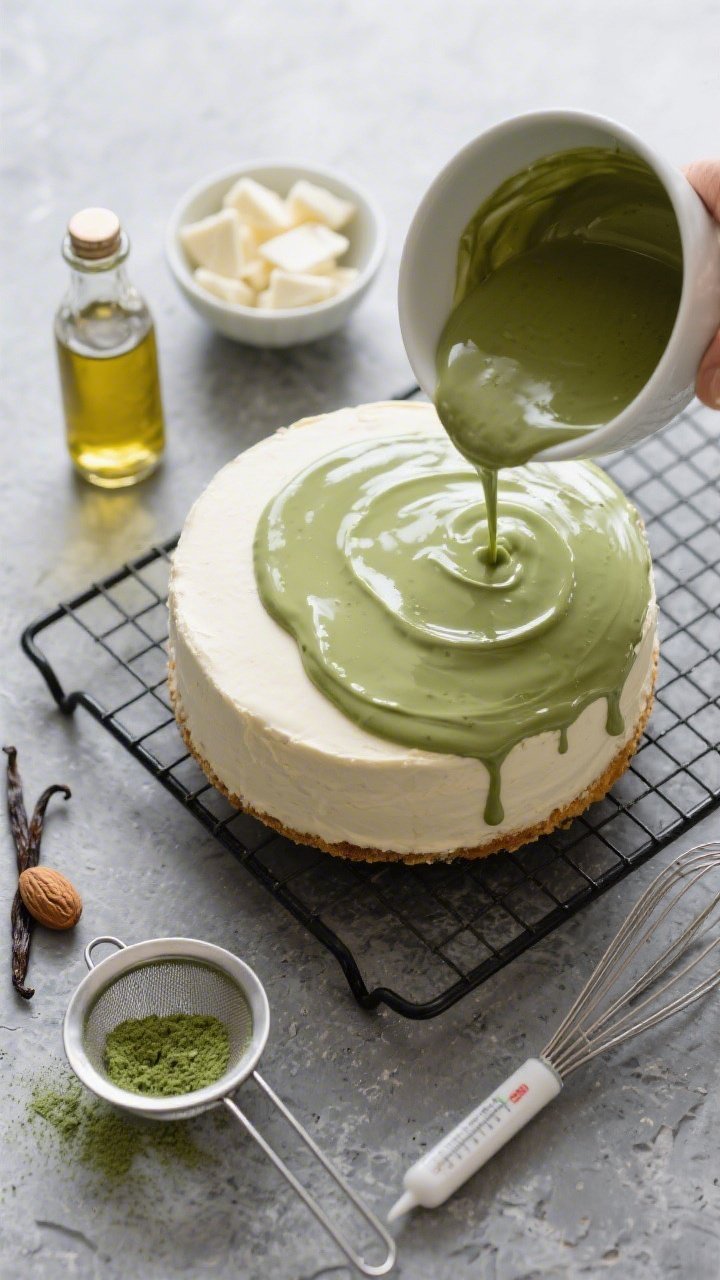 Overhead ingredient-prep and finishing scene for Almond-Oil Vanilla Cake with Matcha Ganache Veil: single-layer round vanilla cake brushed with almond oil sheen on a cooling rack, a bowl of silky matcha white-chocolate ganache mid-pour forming a thin, glossy veil that barely reaches the edges. Surround with mise en place: small bottle of almond oil, split vanilla bean, chopped white chocolate, sieve-dusted matcha, whisk, and thermometer. Set on a cool gray stone surface, controlled highlights on the ganache, refined minimalist styling.