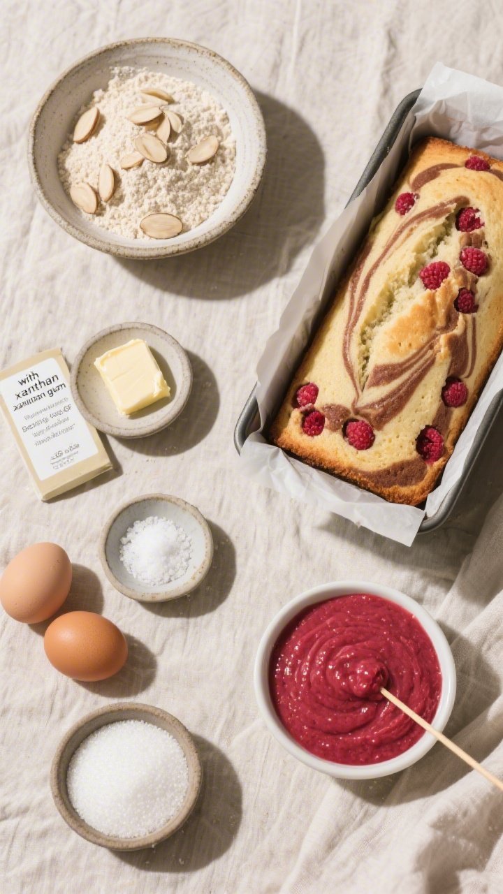 Overhead ingredient-prep flat lay for a gluten-free almond marble cake with raspberry veins: blanched almond flour in a rustic bowl, gluten-free all-purpose flour blend (labeled “with xanthan gum”), baking powder (GF) and baking soda in small pinch bowls, fine salt, room-temp butter, eggs, granulated sugar, and a vibrant raspberry puree ready for marbling; a loaf pan lined with parchment sits empty beside a skewer for swirling; neutral linen, natural light, minimalist styling emphasizing gluten-free clarity.