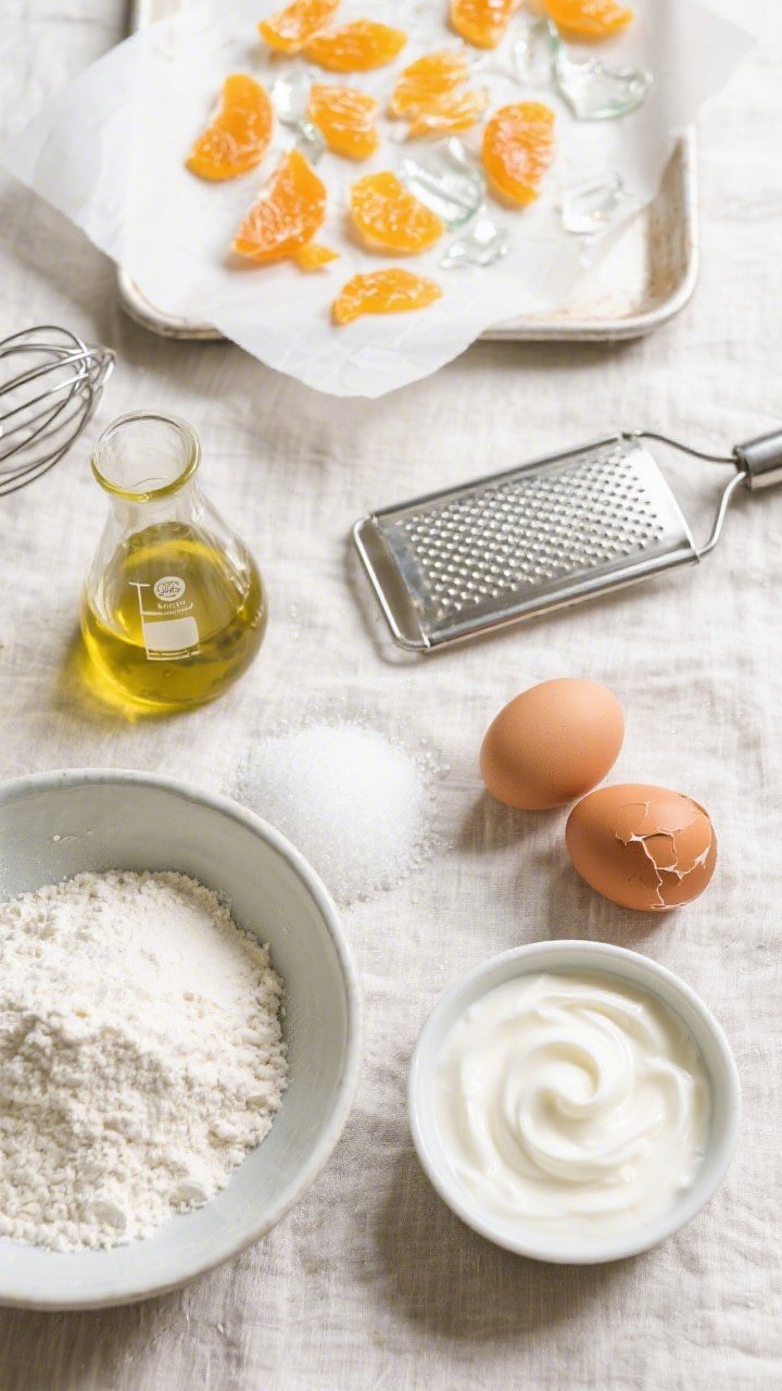 Overhead ingredient-prep flat lay for a Light Greek Yogurt Olive Oil Cake with candied citrus shards: neatly arranged mise en place on a pale linen—sifted all-purpose flour in a wide bowl, granulated sugar, extra-virgin olive oil in a clear beaker, two cracked eggs in a ramekin, creamy Greek yogurt (2% or whole) with visible swirls. At the top, a tray of shimmering candied citrus shards (translucent orange slices and broken glass-like pieces) drying on parchment. Include a zester, microplane, and a whisk. Bright, airy, minimal styling, emphasis on freshness and lightness.