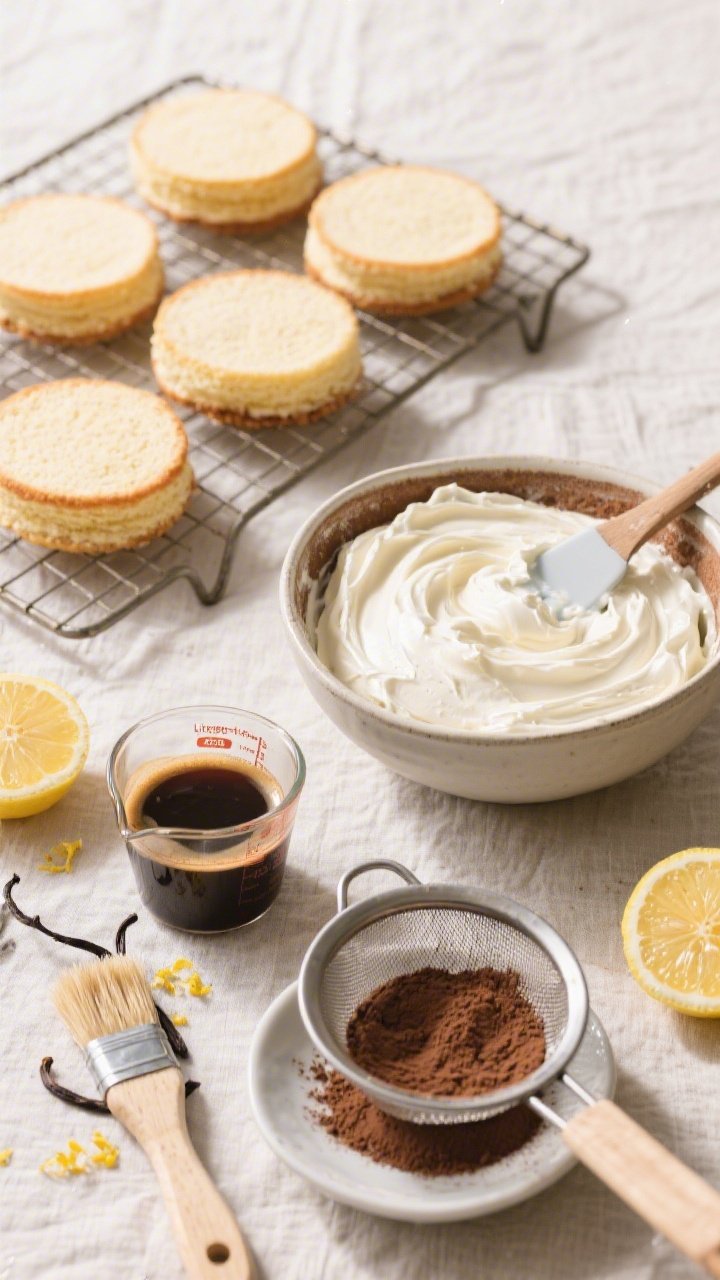 Overhead ingredient-prep scene for Lightened-Up Tiramisu Layer Cake (But Still Indulgent): airy genoise or sponge rounds cooling on a rack, a bowl of lighter mascarpone-yogurt (or whipped) filling with a spatula swirl, a measuring cup of diluted espresso, fine cocoa powder in a sieve, and a brush for gentle soaking; include lemon zest and vanilla bean to hint at brightness, minimal sugar in a small dish; neutral linen backdrop, bright natural light, clean, fresh, modern wellness mood.