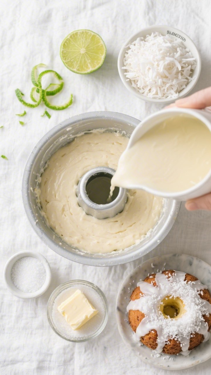 Overhead ingredient-to-assembly flat lay for Coconut-Lime Easter Bundt: zested limes with bright green curls, a halved lime, a heap of shredded coconut, small bowls labeled for baking powder, baking soda, fine sea salt, and granulated sugar; softened unsalted butter and all-purpose flour measured out; at center, the batter being poured into a bundt pan; to the side, a finished mini scene of the snowy coconut glaze and a sprinkle of coconut ready to dust; clean, tropical-spring palette with whites and greens on a light linen backdrop.