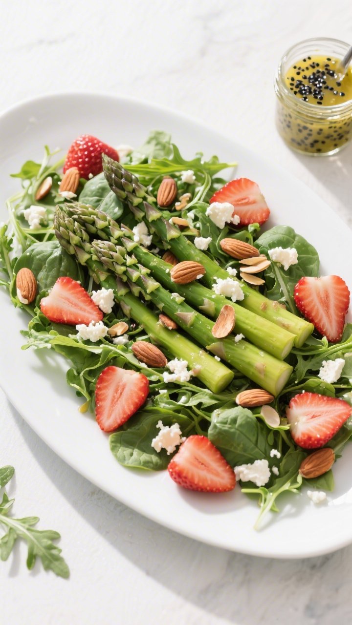 Overhead ingredient-to-assembly flat lay of a vibrant asparagus-strawberry salad on a wide white platter: blanched asparagus spears and halved strawberries arranged over a bed of baby greens (arugula and spinach), sprinkled with toasted sliced almonds and crumbles of feta. A small jar of poppyseed vinaigrette mid-pour, tiny black poppy seeds visible; bright, spring colors with crisp textures and clean, natural daylight.