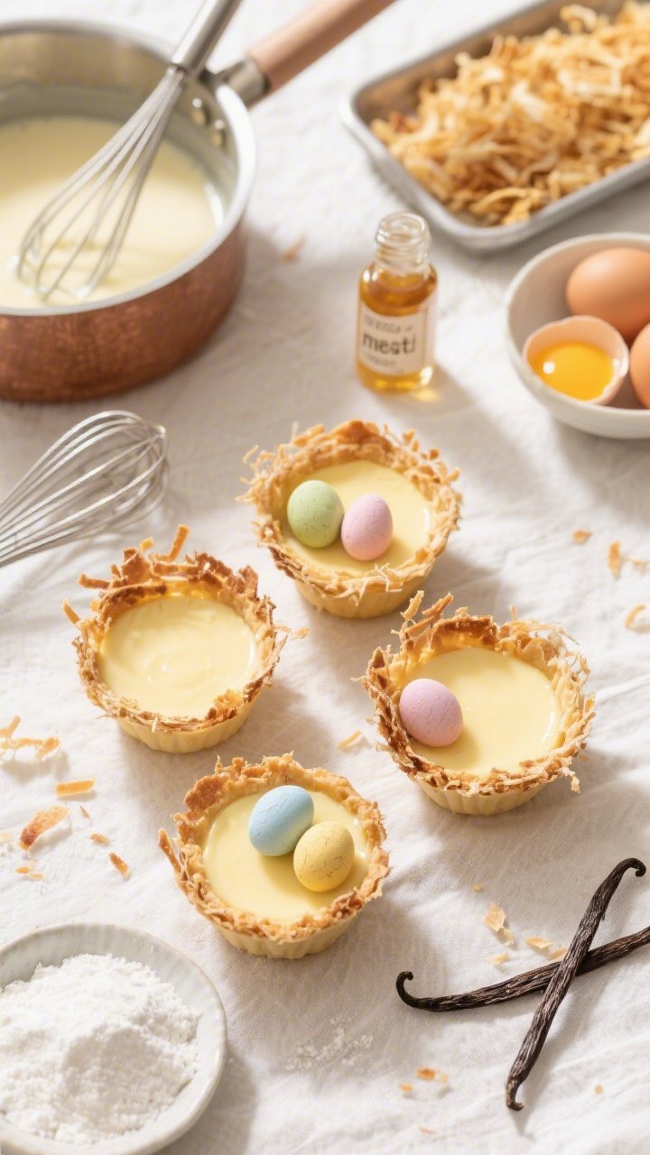 Overhead ingredient-to-final scene for Birds’ Nest Coconut Custard Cups: shallow cups filled with silky vanilla custard (whole milk, sugar, cornstarch, egg yolks, butter, vanilla) crowned with a toasted coconut “nest” and a trio of pastel candy eggs in each. Surround with raw and cooked elements: a saucepan with custard-coated whisk, a small dish of cornstarch, split vanilla bean or extract bottle, egg yolks in a bowl, and a tray of golden toasted coconut. Bright, natural light, pale linen, creamy yellows and warm toasty browns, crisp detail on the custard surface and coconut strands.