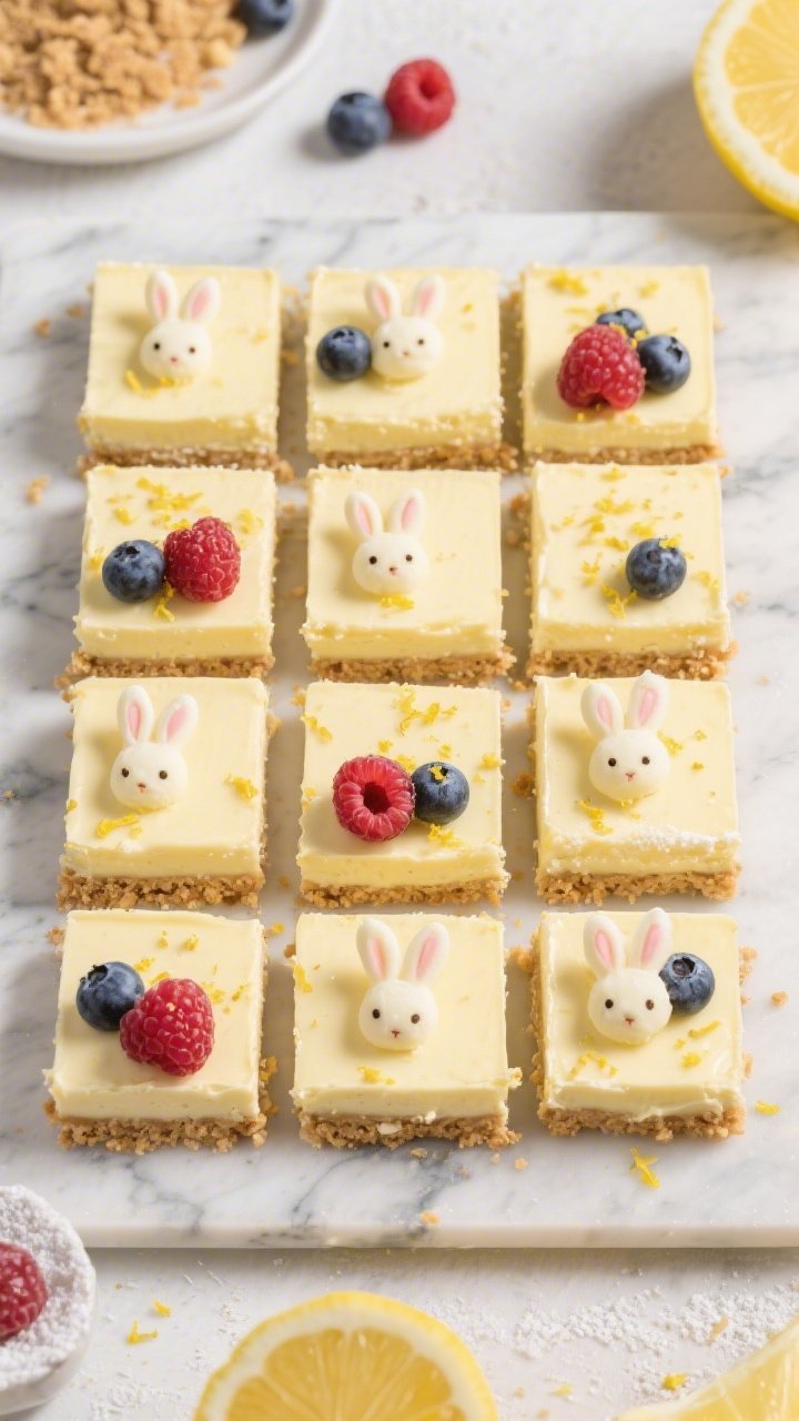 Overhead ingredient-to-final transformation of no-bake lemon bunny cheesecake bars: a tidy grid on a marble slab—pressed graham cracker crust (graham crumbs, melted unsalted butter, sugar) topped with a smooth, pale-yellow lemon cheesecake layer (cream cheese, powdered sugar, fresh lemon juice, lemon zest), cut into neat bars; each bar garnished with tiny “bunny tails” made from fresh mixed berries (raspberry/blueberry clusters) and a dusting of zest; bright, zesty color palette, crisp shadows, clean lines highlighting no-bake simplicity.