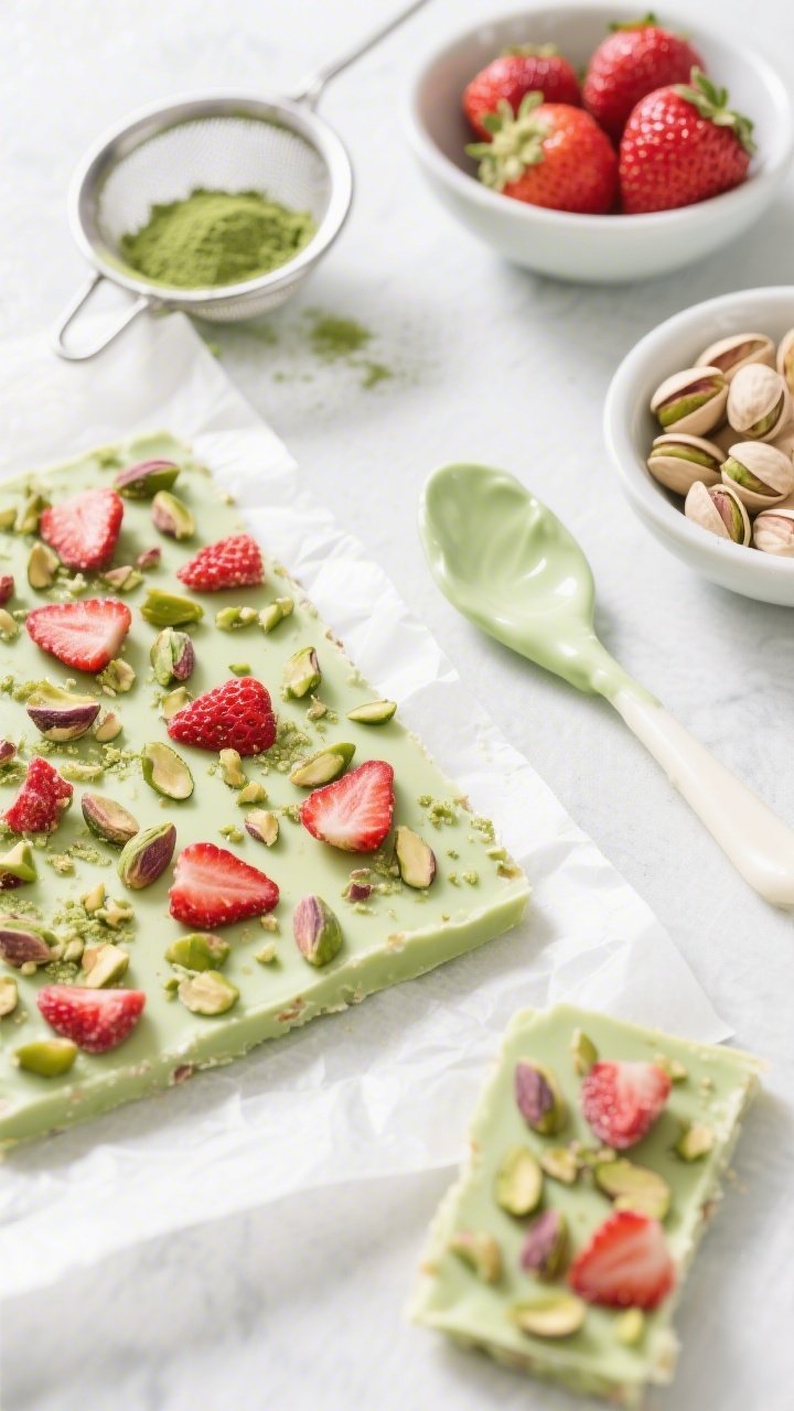 Overhead ingredient-to-final transition for Spring Garden Matcha Bark: a half-finished slab of pale green matcha white chocolate on parchment, topped with crushed freeze-dried strawberries and roughly chopped pistachios for ruby-red and emerald accents; a small sieve with a trace of extra matcha powder nearby, bowls holding the strawberries and pistachios, and a spoon with melted white chocolate tinted green; bright spring ambiance, clean styling, high contrast to pop the matcha hue and crunchy-fruity-nut textures.