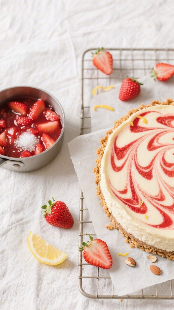 Overhead ingredient-to-finish narrative for Strawberry Swirl Baked Cheesecake with Almond Graham Crust: left side shows a small saucepan of glossy strawberry sauce (hulled chopped strawberries, sugar, lemon juice, cornstarch slurry) cooling, right side shows the full cheesecake with dramatic ruby strawberry swirls baked into a pale cream surface; the almond graham crust peeks along the edges; scattered fresh strawberry halves and lemon zest accents; set on a parchment-lined cooling rack over a light linen, clean editorial styling.