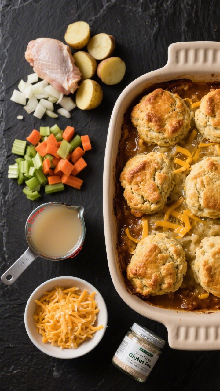 Overhead ingredient-to-finish transition for a cozy gluten-free pot pie with cheddar drop biscuit topping: left side shows neat piles of raw ingredients—boneless chicken thighs, diced onion, diced celery, diced carrots, quartered baby gold potatoes, and a measuring cup of low-sodium chicken broth—along with a small bowl of shredded cheddar and a jar labeled gluten-free flour blend; right side features the baked casserole with craggy, golden cheddar drop biscuits on top, glossy filling bubbling between biscuits; neutral ceramic bakeware on a dark slate surface for contrast, crisp editorial lighting.