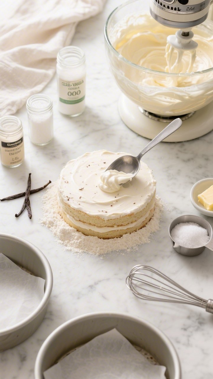 Overhead ingredients and batter scene for Cloud-Soft Vanilla Bean Cake Layers: a bright, airy flat lay on a marble surface showing 2 3/4 cups cake flour in a mound with a metal scoop, labeled jars of baking powder and baking soda, a pinch bowl of fine sea salt, a stand mixer bowl filled with pale, fluffy creamed unsalted butter and sugar dotted with specks of real vanilla bean, measuring cups, a whisk with a ribbon of silky batter dripping, and two butter-greased cake pans lined with parchment; soft morning light, neutral linens, emphasis on cloud-like texture and the warm, cozy vanilla aroma.
