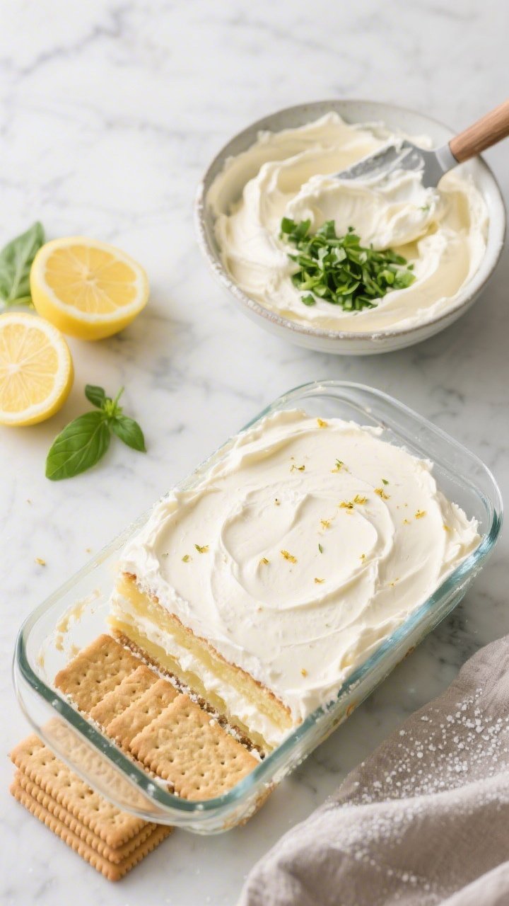Overhead ingredients-to-assembly scene for a no-bake lemon basil icebox cake: a glass loaf pan halfway layered with cream cheese–lemon filling and crisp cookie layers, the creamy mixture whipped with cold heavy cream, powdered sugar, fresh lemon juice, and lemon zest; a bowl of the pale, cloudlike filling with a spatula trail, neatly chopped very fine basil ready to fold in, lemon wheels, and stacks of plain tea biscuits; cool-toned marble, clean lines, bright diffused light highlighting creamy textures and citrus freshness