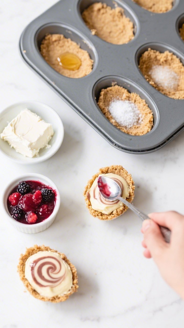 Overhead ingredients-to-assembly shot for No-Bake Mini Cheesecake Eggs with berry swirl: a muffin tin lined with oval/egg-shaped silicone molds, graham cracker crust mixture in progress (graham cracker crumbs, granulated sugar, melted butter, pinch of salt) pressed into bases; bowls of softened cream cheese and powdered sugar cheesecake filling nearby, plus a small ramekin of vivid berry puree for swirling; a spoon creating delicate marbled swirls on a few filled molds; cool, clean styling on a white surface for a fresh spring vibe.
