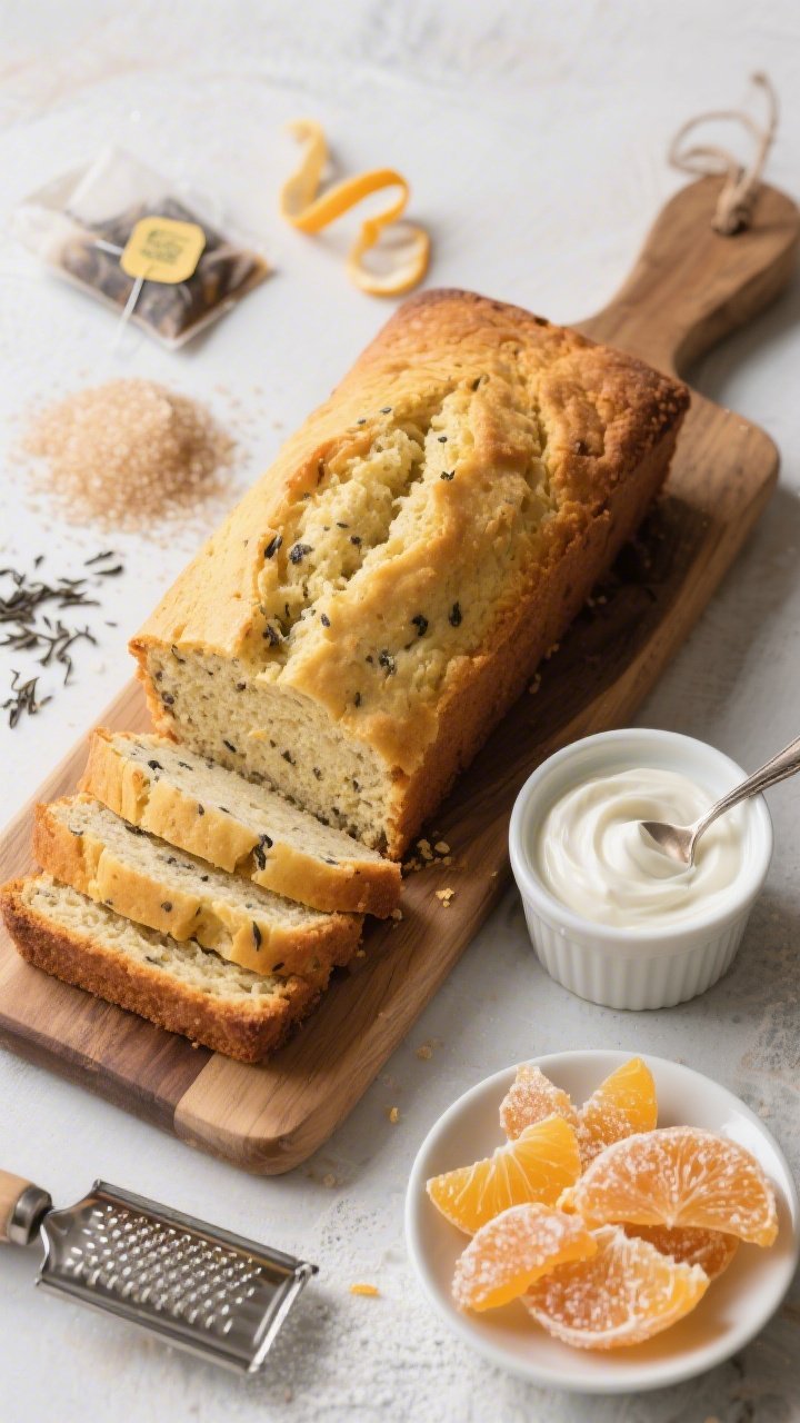 Overhead ingredients-to-finish narrative for an Earl Grey tea loaf: a long, golden loaf with a fine, tight crumb on a wooden board, slices fanned to show Earl Grey flecks. To the side, a ramekin of tangy vanilla crème fraîche with a soft spoon swoop, and a small dish of candied citrus slices and peels shimmering with sugar. Include loose-leaf Earl Grey and tea bags, a small pile of granulated sugar, and a zester with curls of citrus. Clean natural light, minimal rustic styling, inviting teatime mood.