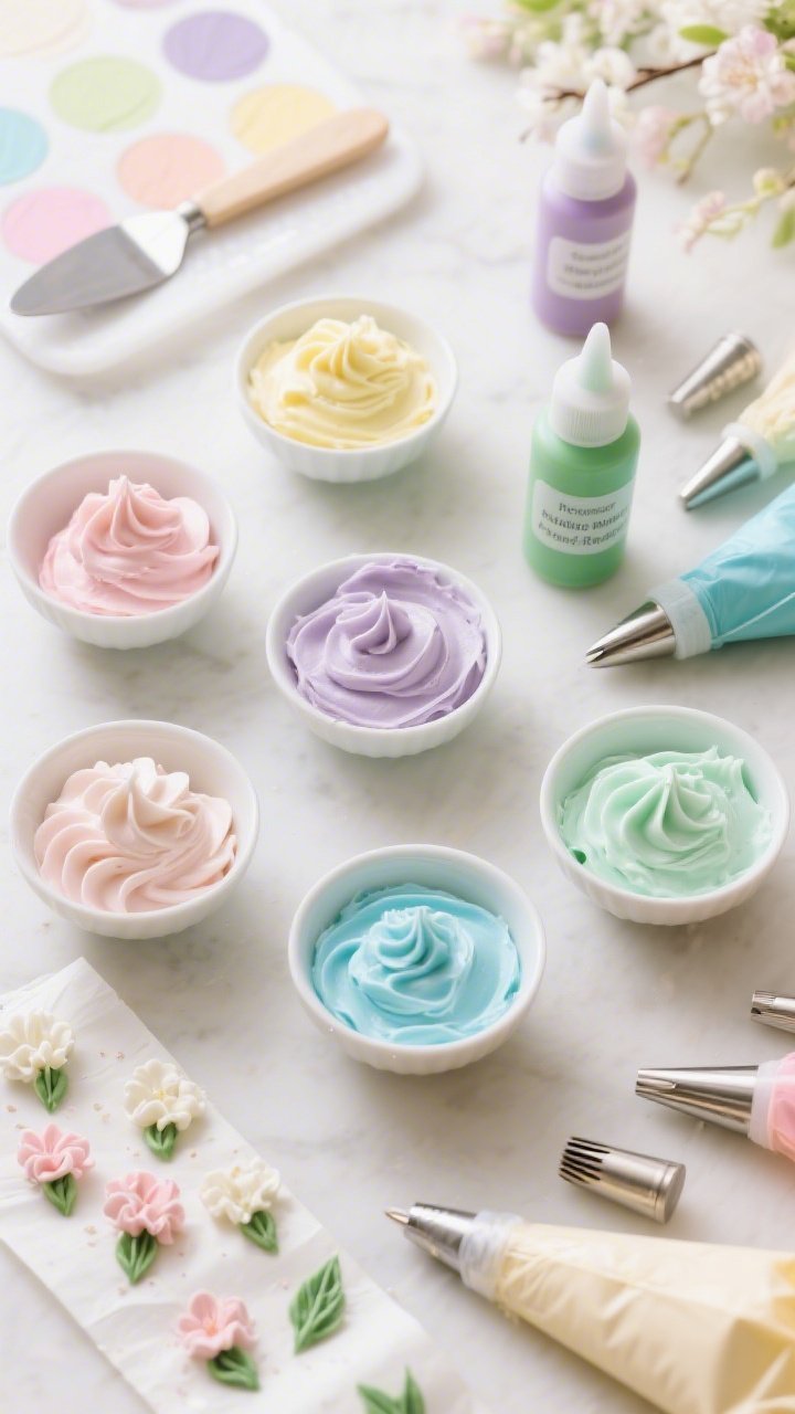 Overhead palette and piping practice for Floral Piping Buttercream Palette: a clean work surface with six small bowls of Vanilla Bean Swiss Meringue Buttercream tinted pastel petal pink, butter yellow, lavender, sky blue, mint, and a touch of moss green; labeled gel color droplet bottles, offset spatulas with creamy swipes, and parchment strips dotted with piped blossoms, ruffled petals, and leaf tips; piping bags fitted with various metal tips arranged like an artist’s toolkit; springlike, whimsical mood, soft diffused light.