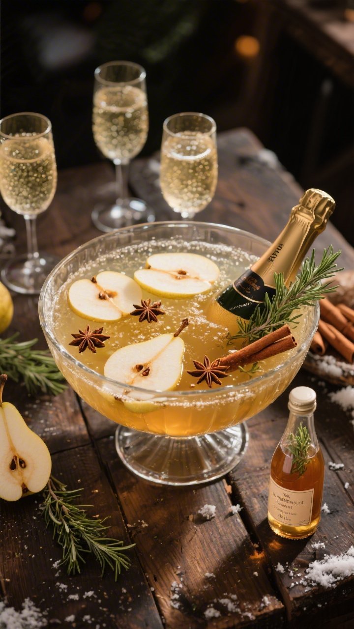 Overhead party punch scene for Winter Spiced Pear & Thyme Prosecco Punch: a clear glass punch bowl filled with sparkling Prosecco, chilled pear cider, dry vermouth (or pear brandy), and spiced thyme syrup; floating thin pear wheels, star anise, cinnamon sticks, and fresh thyme sprigs; matching coupe glasses partially filled, with condensation; a small labeled bottle of spiced thyme syrup nearby; rustic wood table, cozy winter ambiance with warm, moody lighting and soft shadows.