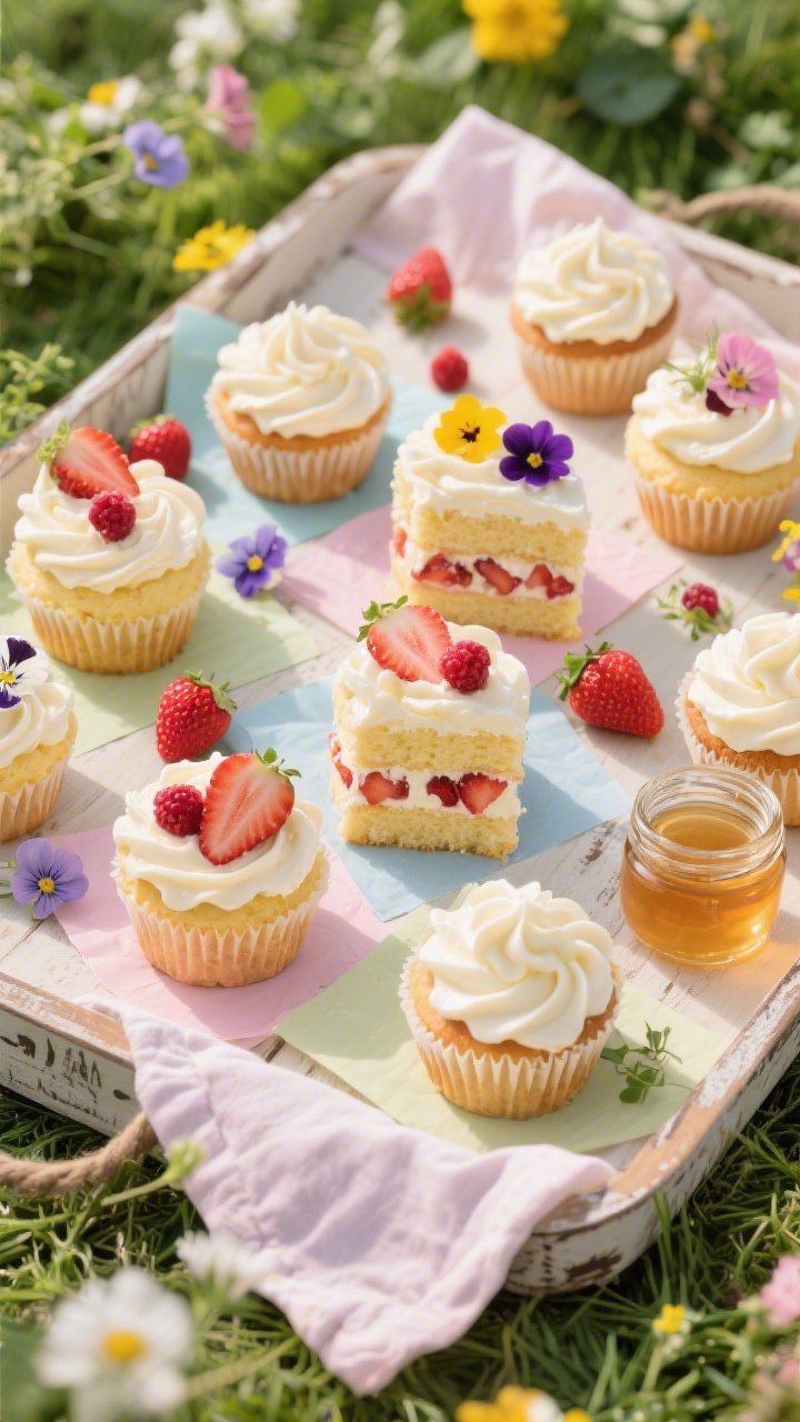 Overhead picnic-ready spread of Mini Garden Cakes and Cupcakes: a rustic tray with an assortment of mini layer cakes and cupcakes made from the vanilla batter, each topped with swoops of whipped mascarpone cream piped in soft petals; very well-drained macerated strawberry bits tucked inside or dotted on top; extra small berries and edible flowers arranged playfully; pastel linens, parchment squares, and a small jar of reserved syrup off to the side; bright, cheerful mood, crisp details showcasing bite-sized textures and festive presentation.