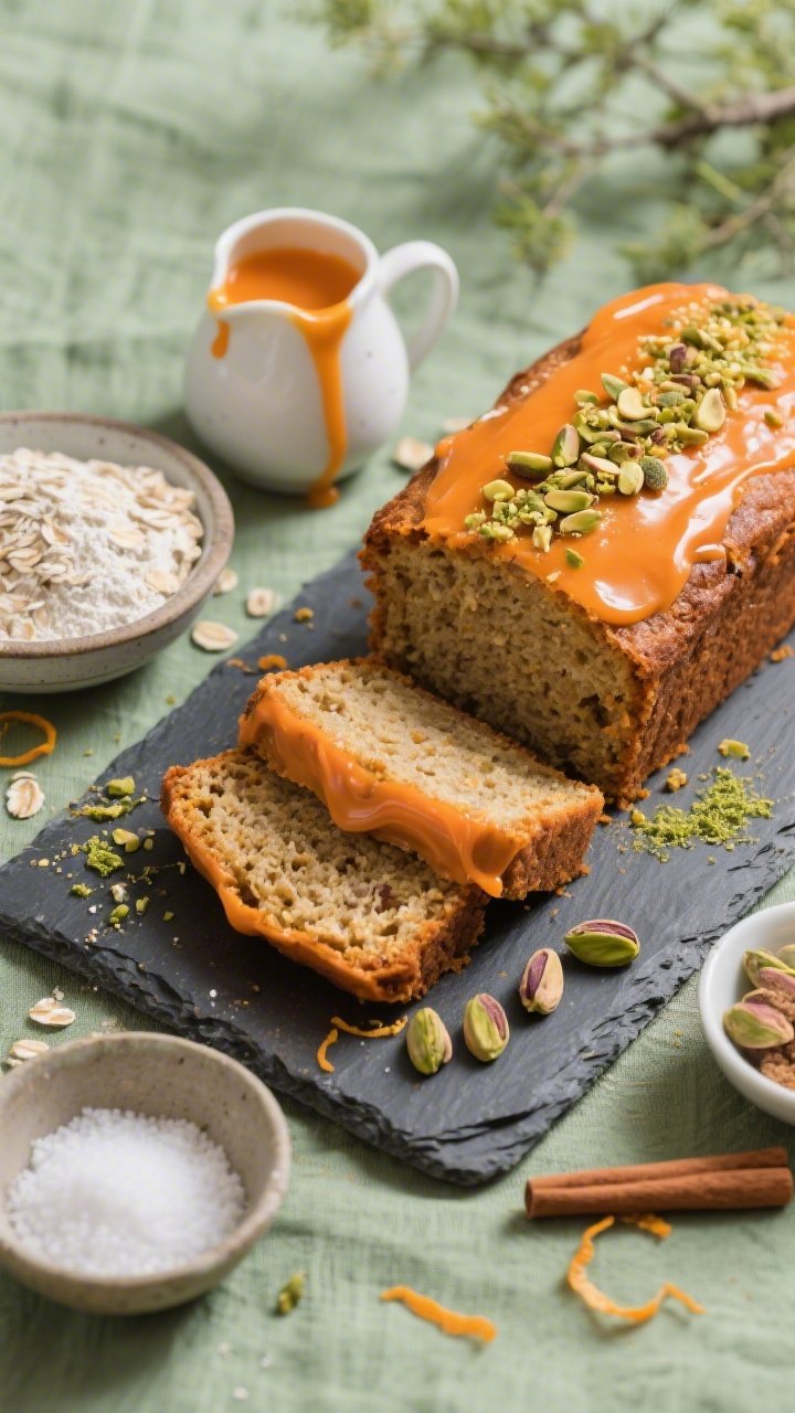 Overhead rustic slice scene: carrot loaf with barely-there frosting—ultra-thin orange glaze brushed over the top, letting the bronze crust show through—sprinkled with crushed pistachio “moss”; two slices fanned to reveal a tender crumb with oat flour softness and cinnamon warmth; a small pitcher drips extra orange drizzle; nearby bowls display all-purpose flour, finely ground oats, baking powder, baking soda, fine salt, and cinnamon; scattered pistachio dust and orange zest threads on a slate board with a pale moss-green linen for a woodland spring vibe, soft side light
