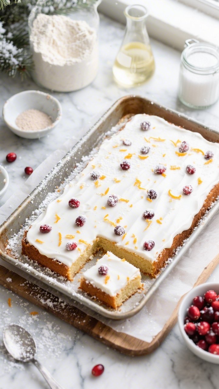 Overhead sheet-pan scene for the No-Fuss Cranberry Orange Sheet Cake With Snowy Holiday Styling: a large rectangular cake in its pan with a smooth white glaze, scattered sugared cranberries and fine orange zest confetti, and a light snowfall of powdered sugar; one corner cut into tidy squares on a parchment-lined board; surrounding ingredient cues—measured 2 1/4 cups flour, baking powder and baking soda in pinch bowls, 3/4 teaspoon fine sea salt, neutral oil in a glass beaker, granulated sugar in a jar, and fresh cranberries; simple, approachable styling on a cool marble surface, natural window light for an easy weeknight vibe.