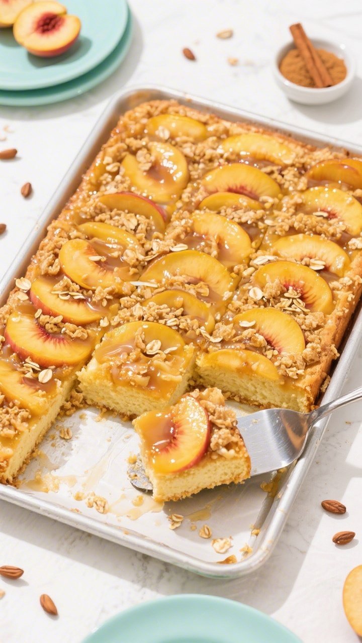 Overhead sheet-pan scene of the Sheet-Pan Peach Cobbler Party Cake (9x13): golden sheet cake made with cake flour, baking powder, baking soda, salt, sugar, oil/butter implied, topped edge-to-edge with glossy peach slices and a crunchy cinnamon-oat style crumble. Slices cut into neat party squares on parchment, a metal spatula lifting a piece, syrupy peach juices glistening. Bright party feel with pastel plates, scattered peach pits and a small bowl of cinnamon sugar. Clean, vibrant lighting for crowd-pleasing appeal.